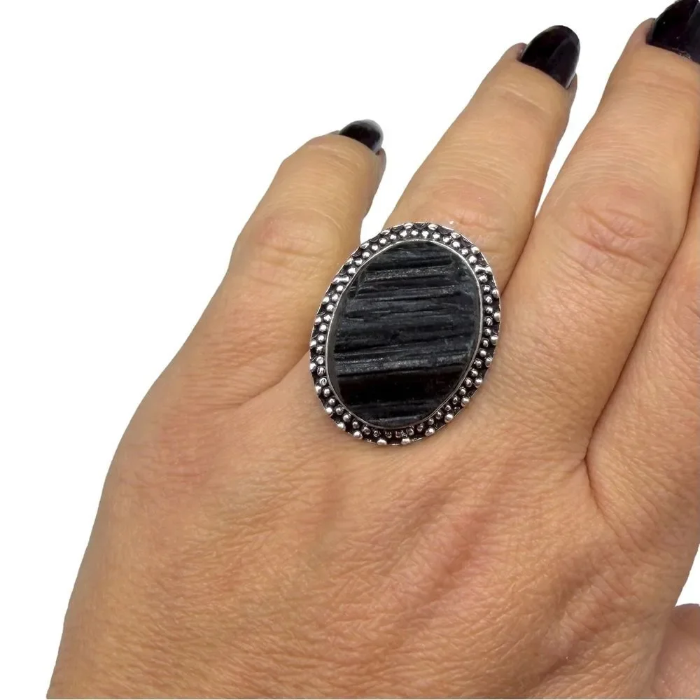 Black Tourmaline Ring Size 7.5 925 Sterling Silver Overlay Oval Raw Rough Stone